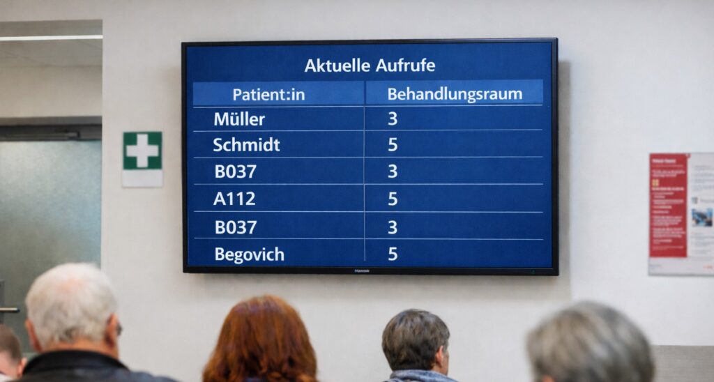 Das Bild zeigt eine Infoscreen in einer Ambulanz, auf die Patienten entweder namenetlich oder als Nummer aufgerufen werden.